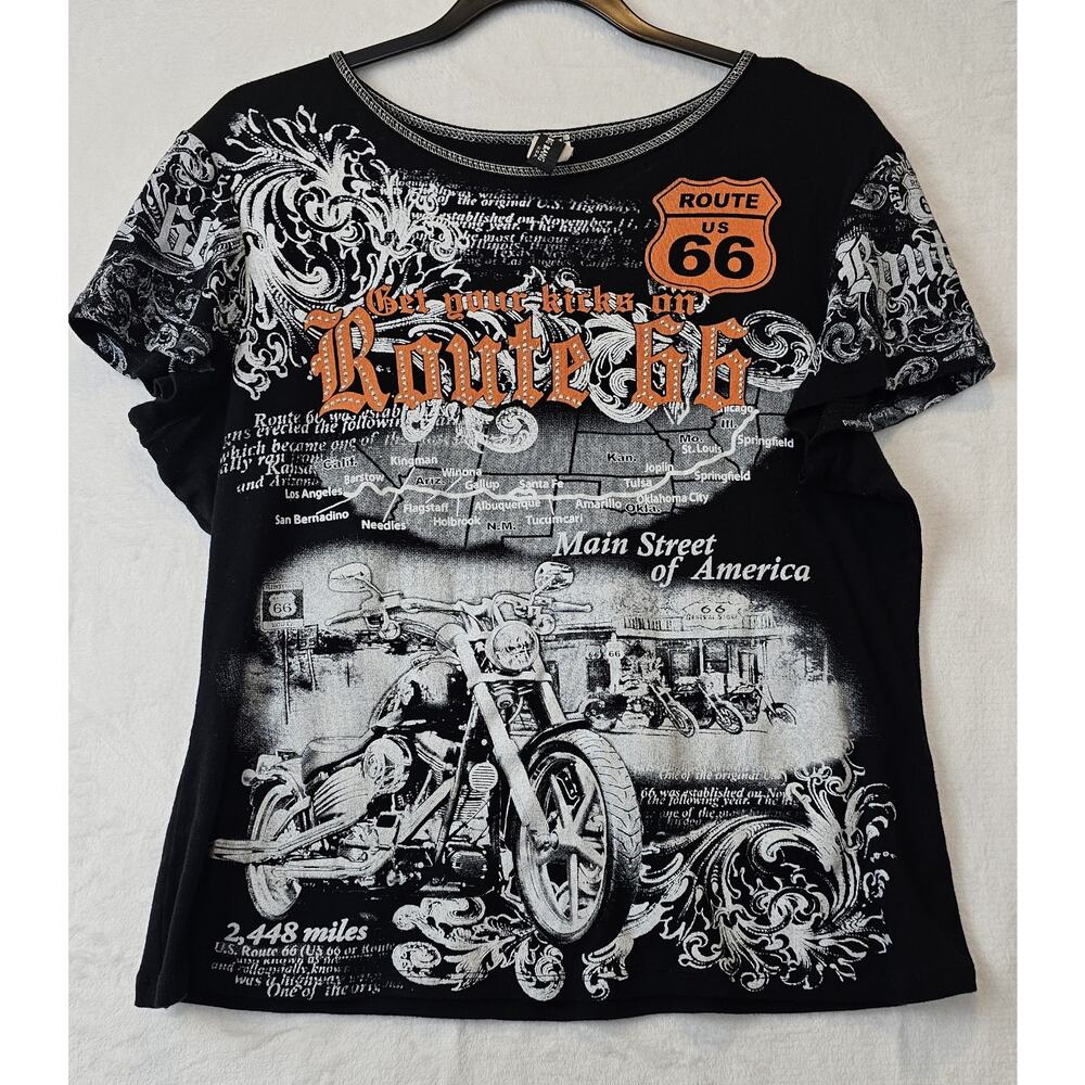 VTG Big Bang Clothing Route 66 Motorcycle Shirt Bling Get Your Kicks On 66 Sz L